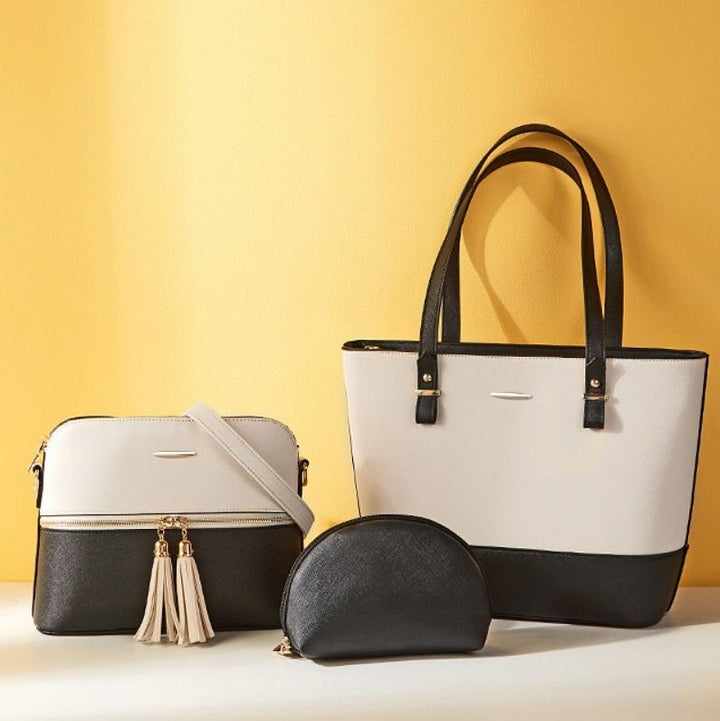 Women's Fashion Handbag Set with Diagonal Design - White Pink