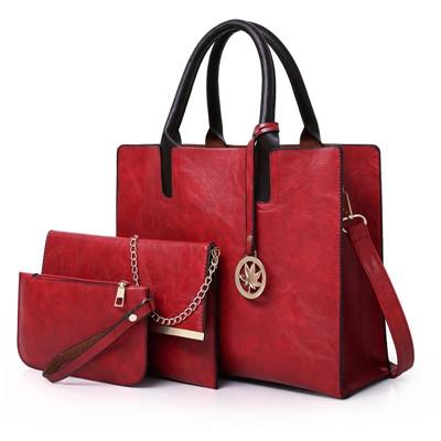 Women's Versatile Red Leather Tote Bag - 3 piece set