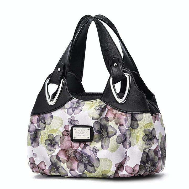 Women's Soft Leather Handbag - Black with Green Flowers