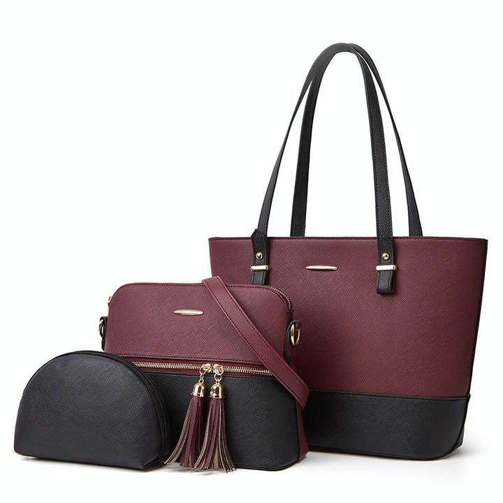 Women's Fashion Handbag Set with Diagonal Design - Purple Black