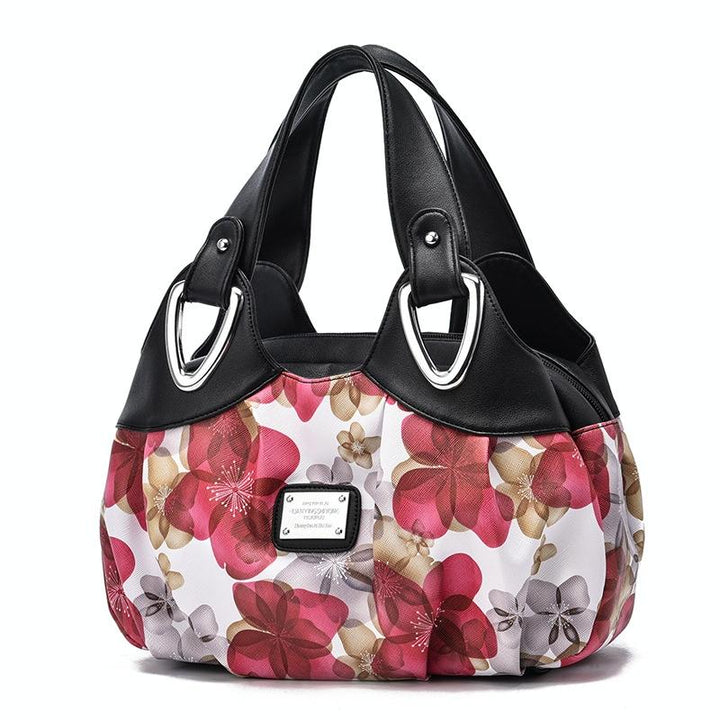 Women's Soft Leather Handbag - Black with Red Flower