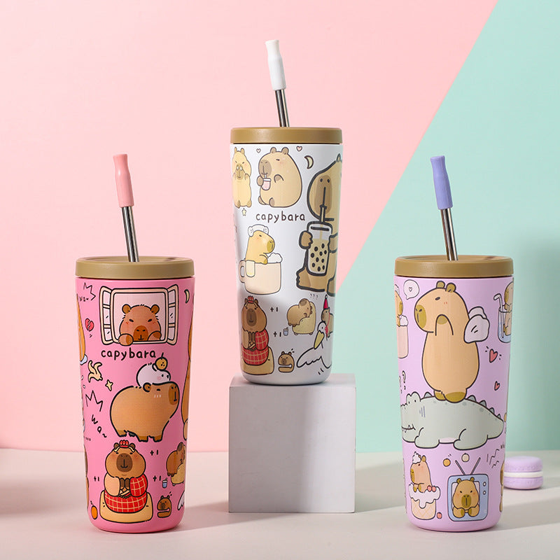 304 Stainless Steel Insulated Tumbler,Cartoon Design Portable Straw Cup for Home and Office(yellow)