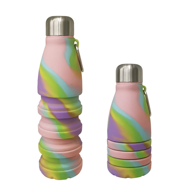 Camouflage pink Collapsible Silicone Water Bottle - Portable Sports Hydration Flask with Carabiner, 550ml/300ml