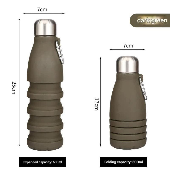 Dark green Collapsible Silicone Water Bottle - Portable Sports Hydration Flask with Carabiner, 550ml/300ml
