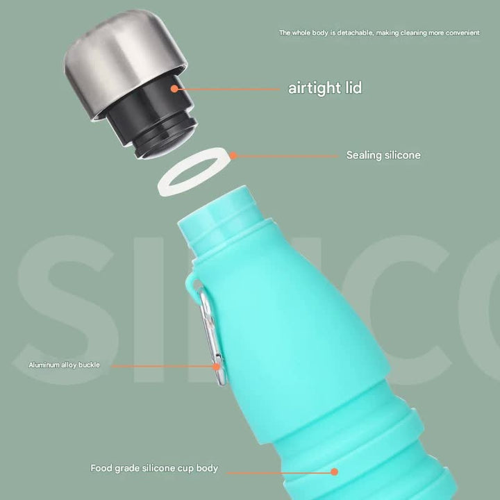 Dark green Collapsible Silicone Water Bottle - Portable Sports Hydration Flask with Carabiner, 550ml/300ml