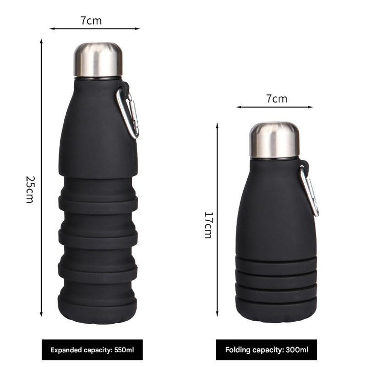 Black Collapsible Silicone Water Bottle - Portable Sports Hydration Flask with Carabiner, 550ml/300ml