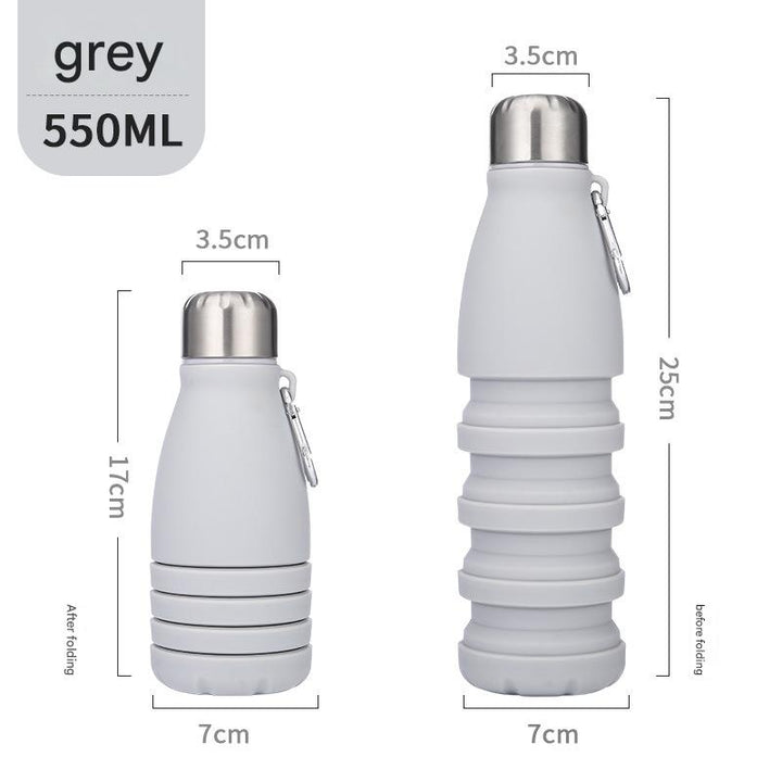Gray Collapsible Silicone Water Bottle - Portable Sports Hydration Flask with Carabiner, 550ml/300ml