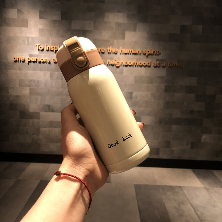 Good Luck" Mini Stainless Steel Thermos Flask - 350ml Leakproof Insulated Bottle with Pop-Up Lid & Strap(white)"