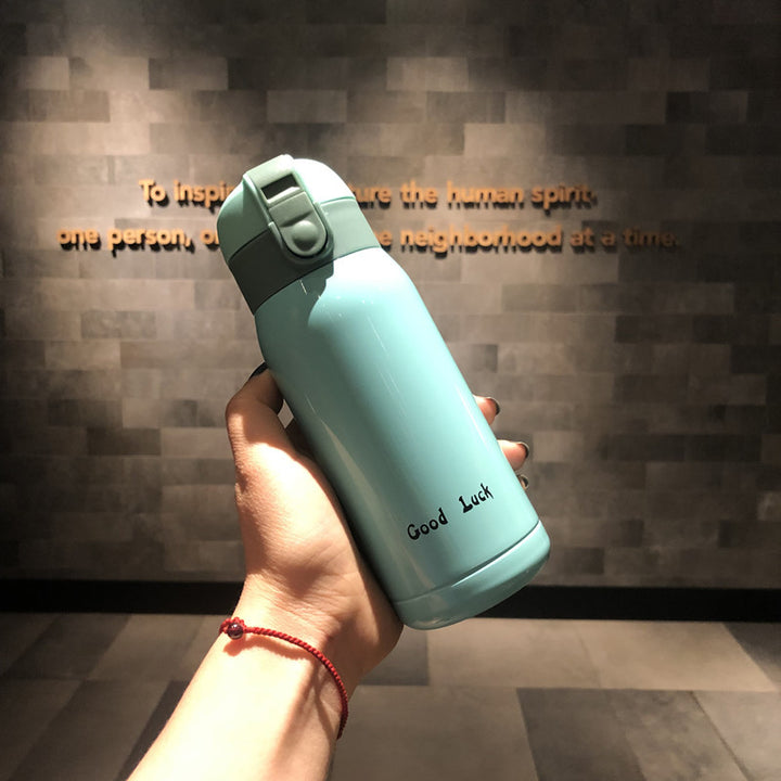Good Luck" Mini Stainless Steel Thermos Flask - 350ml Leakproof Insulated Bottle with Pop-Up Lid & Strap(blue)"