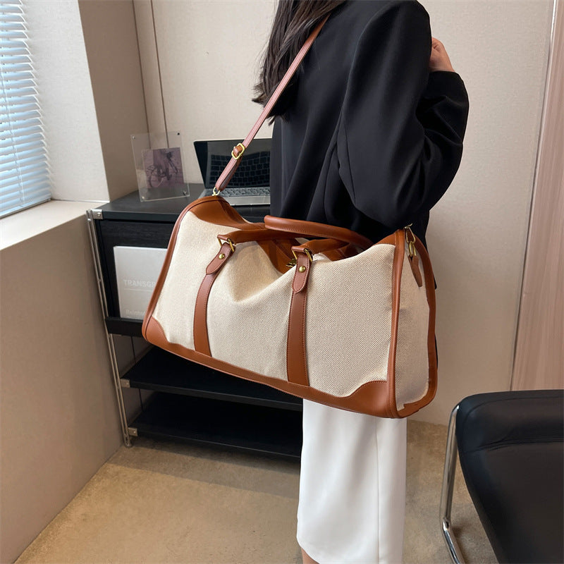 Brown Contrast Color Women's Travel Bag - Canvas & PU Leather Trim Luggage (43x27x19cm)