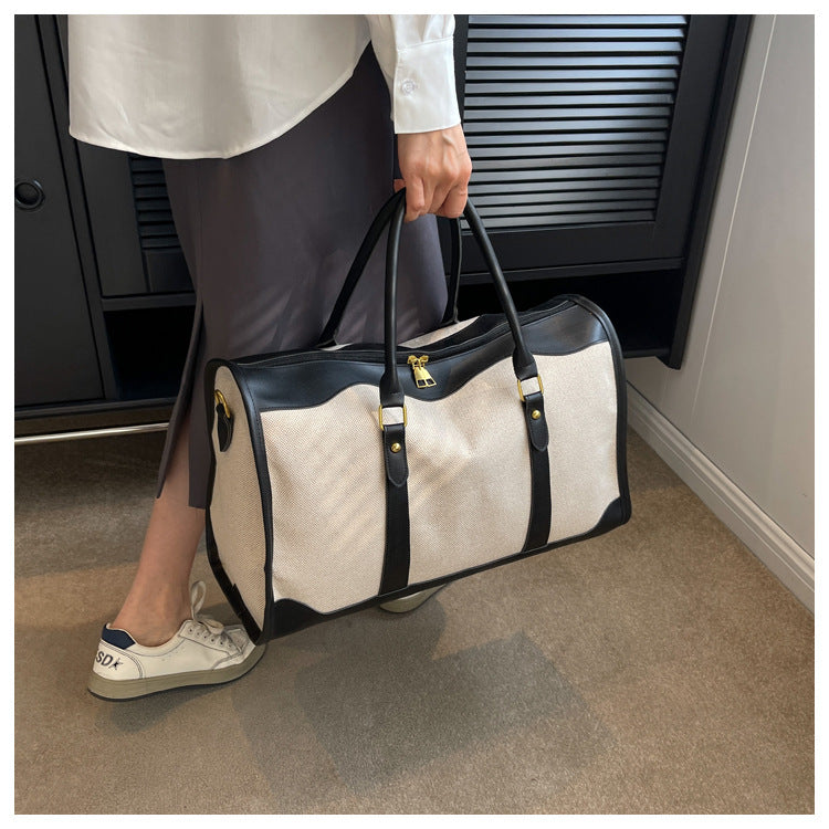 Black Contrast Color Women's Travel Bag - Canvas & PU Leather Trim Luggage (43x27x19cm)