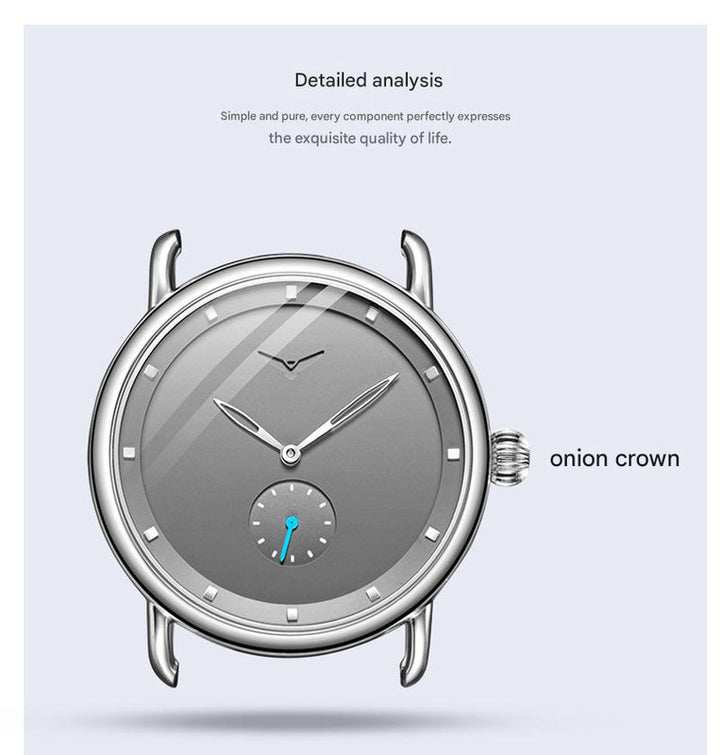 Black Elegant Men's Watch with Leather Band - Small Seconds, Onion Crown Detail