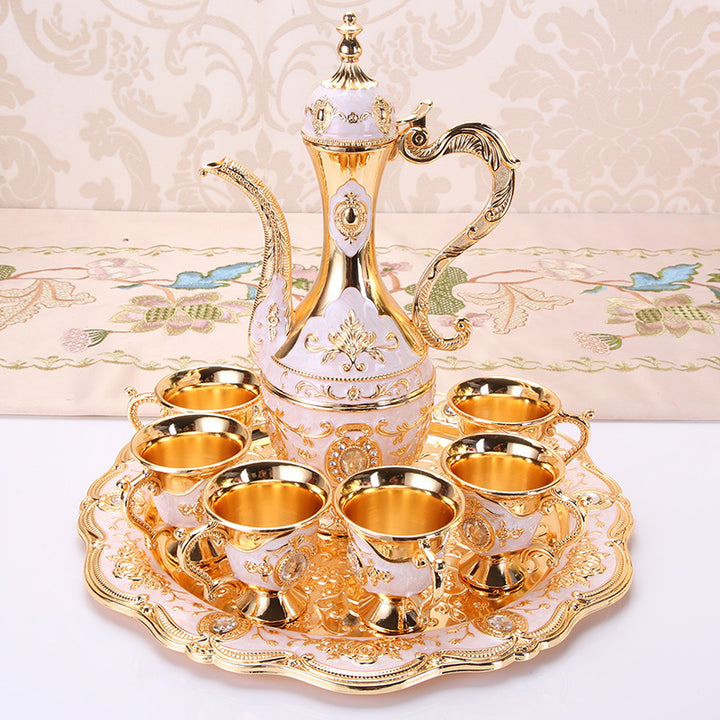 Elegant Gold Metal Serving Set - Decanter, 6 Cups, Tray (White Gold)