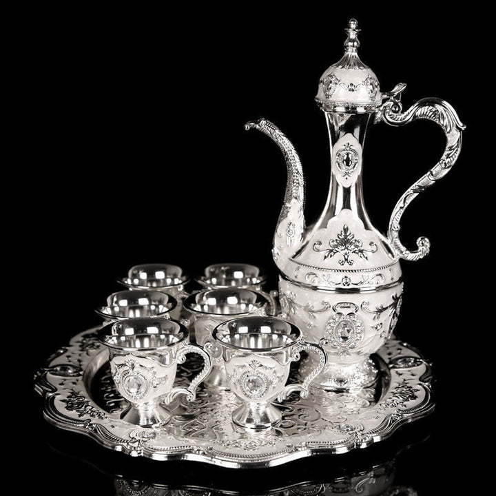Elegant Gold Metal Serving Set - Decanter, 6 Cups, Tray (Silver)