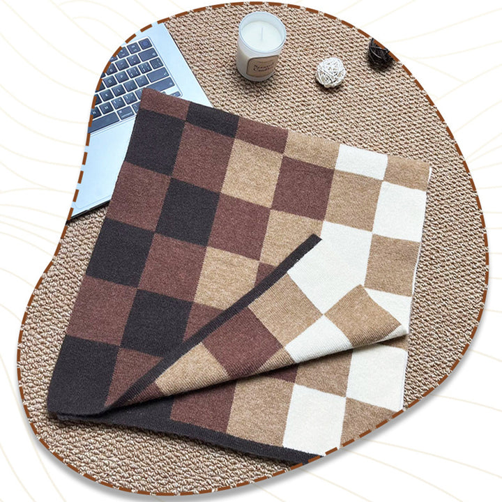 Coffee,Grey And Beige Unisex Retro Checkered Knit Scarf - Soft Thick Winter Shawl Wrap