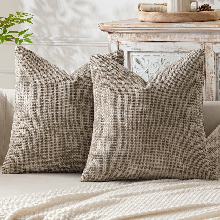 Plush Chenille Cushion Covers Set of 2 - Khaki, 45x45cm