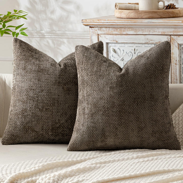 Plush Chenille Cushion Covers Set of 2 - Brown, 45x45cm