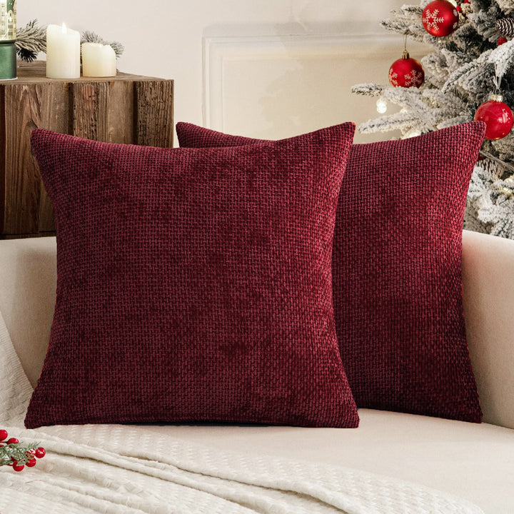Plush Chenille Cushion Covers Set of 2 - Dark Red, 45x45cm