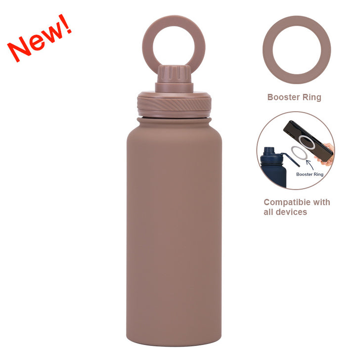 Brown 1L Stainless Steel Water Bottle with Magnetic Phone Holder Lid - Portable Hydration & Hands-Free Stand