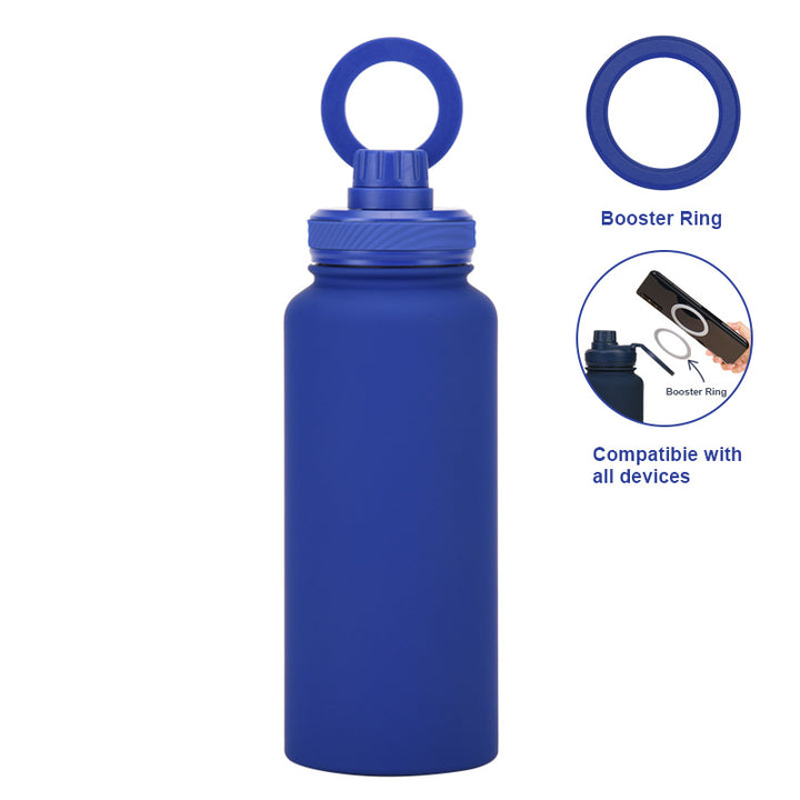 Bright Blue 1L Stainless Steel Water Bottle with Magnetic Phone Holder Lid - Portable Hydration & Hands-Free Stand