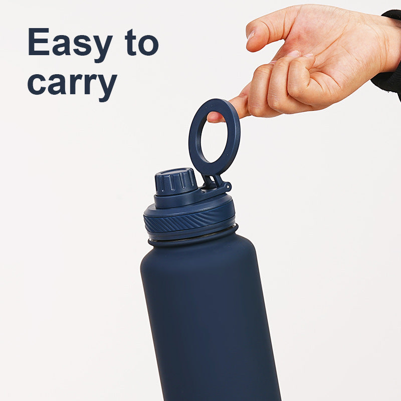 Light Blue 1L Stainless Steel Water Bottle with Magnetic Phone Holder Lid - Portable Hydration & Hands-Free Stand