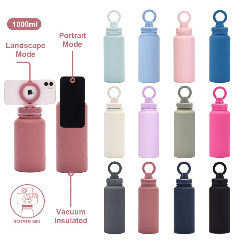 Grey 1L Stainless Steel Water Bottle with Magnetic Phone Holder Lid - Portable Hydration & Hands-Free Stand