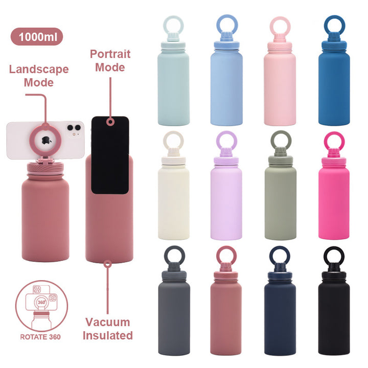 Grey 1L Stainless Steel Water Bottle with Magnetic Phone Holder Lid - Portable Hydration & Hands-Free Stand