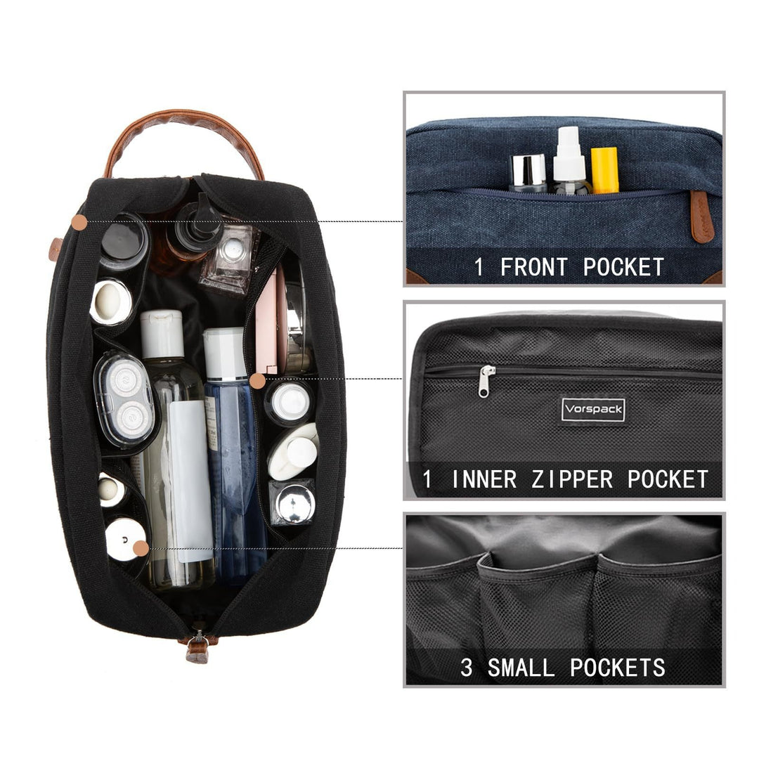 Dark Blue And Brown Men's Canvas Toiletry Bag - Large Capacity Water-Resistant Travel Organizer Dopp Kit with Handle