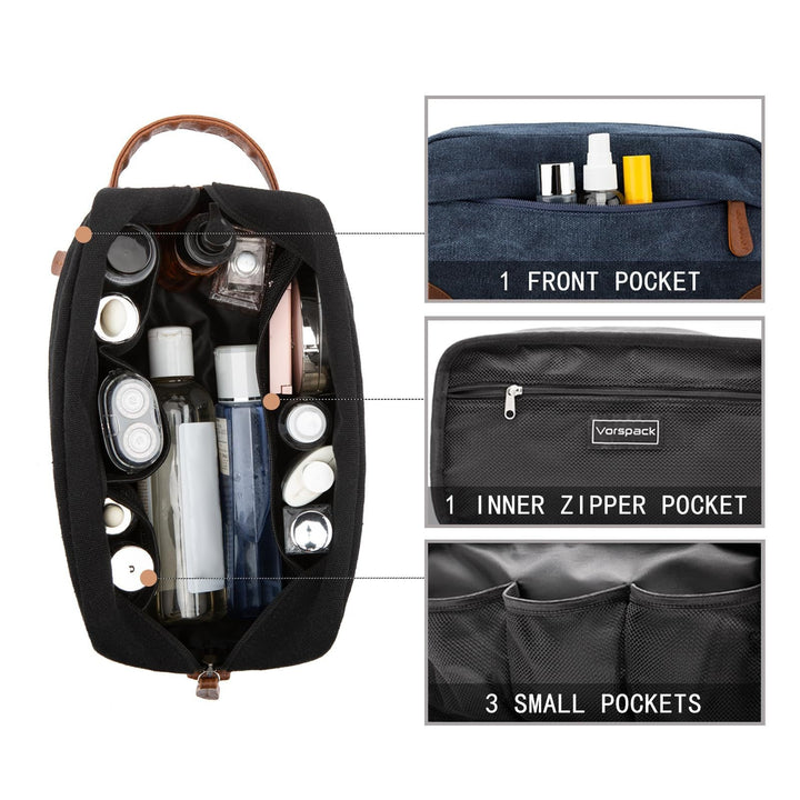 Dark Blue And Brown Men's Canvas Toiletry Bag - Large Capacity Water-Resistant Travel Organizer Dopp Kit with Handle