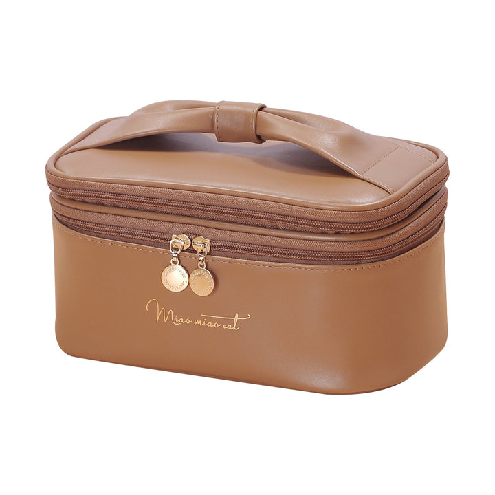 Brown Stylish PU Leather Makeup Bag - Large Capacity Double Layer Waterproof Travel Cosmetic Organizer Case for Women