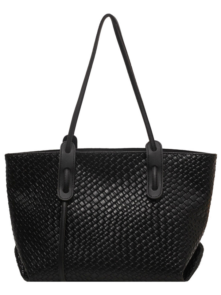 Black Chic Woven PU Leather Tote Bag - Large Capacity Casual Shoulder & Handbag for Women