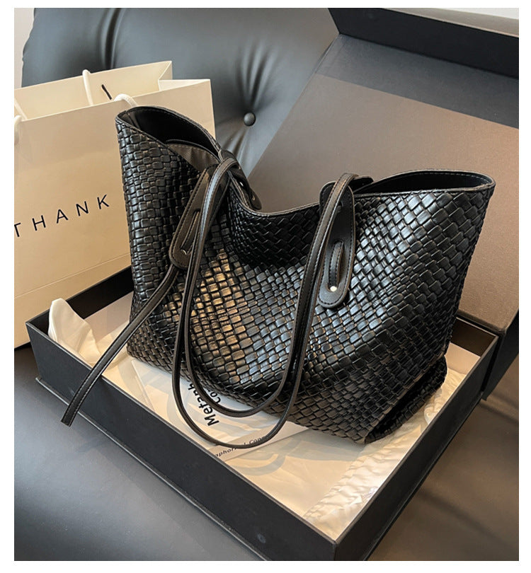 Black Chic Woven PU Leather Tote Bag - Large Capacity Casual Shoulder & Handbag for Women