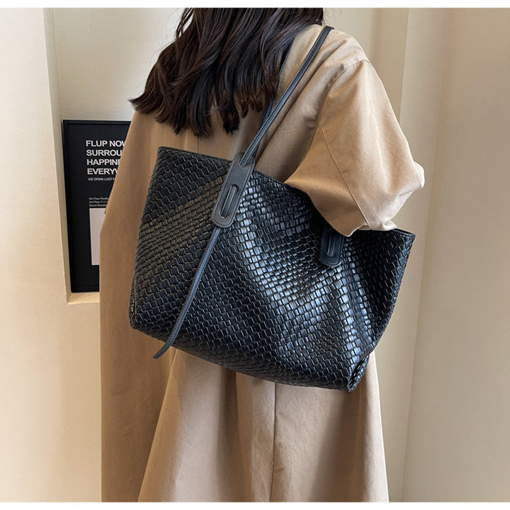 Black Chic Woven PU Leather Tote Bag - Large Capacity Casual Shoulder & Handbag for Women