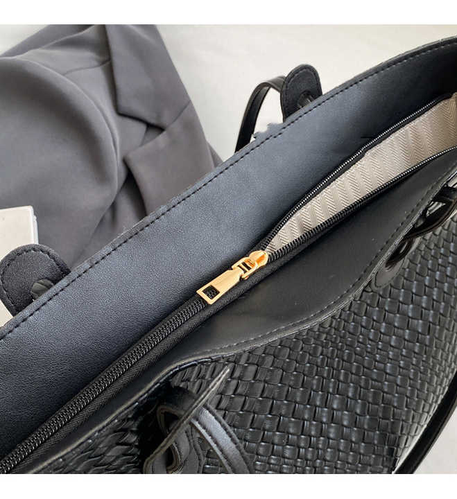 Black Chic Woven PU Leather Tote Bag - Large Capacity Casual Shoulder & Handbag for Women