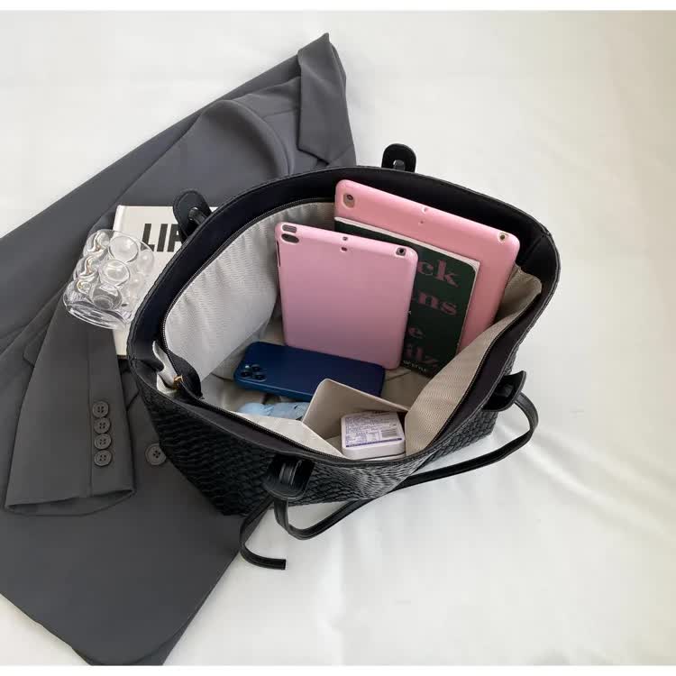 Black Chic Woven PU Leather Tote Bag - Large Capacity Casual Shoulder & Handbag for Women