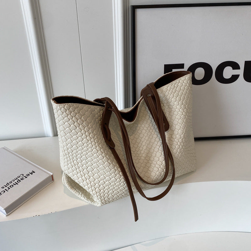 Beige and Brown Chic Woven PU Leather Tote Bag - Large Capacity Casual Shoulder & Handbag for Women