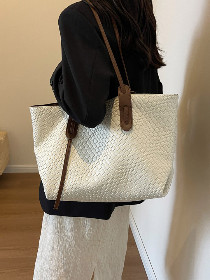 Beige and Brown Chic Woven PU Leather Tote Bag - Large Capacity Casual Shoulder & Handbag for Women