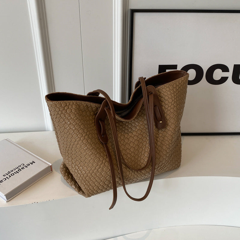 Khaki and Brown Chic Woven PU Leather Tote Bag - Large Capacity Casual Shoulder & Handbag for Women