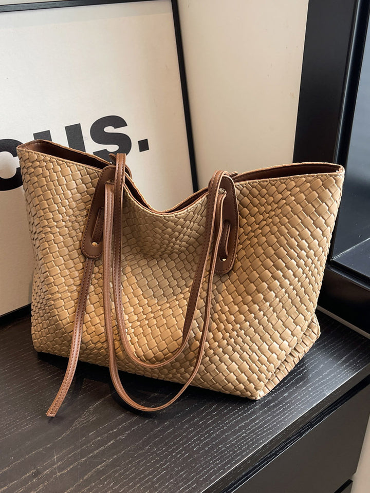 Khaki and Brown Chic Woven PU Leather Tote Bag - Large Capacity Casual Shoulder & Handbag for Women