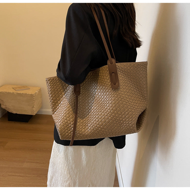 Khaki and Brown Chic Woven PU Leather Tote Bag - Large Capacity Casual Shoulder & Handbag for Women