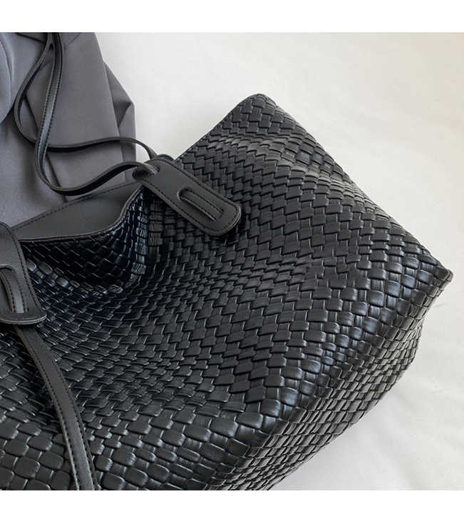 Khaki and Brown Chic Woven PU Leather Tote Bag - Large Capacity Casual Shoulder & Handbag for Women