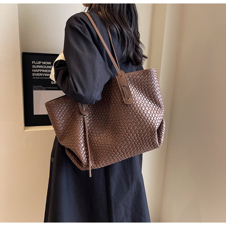 Brown Chic Woven PU Leather Tote Bag - Large Capacity Casual Shoulder & Handbag for Women