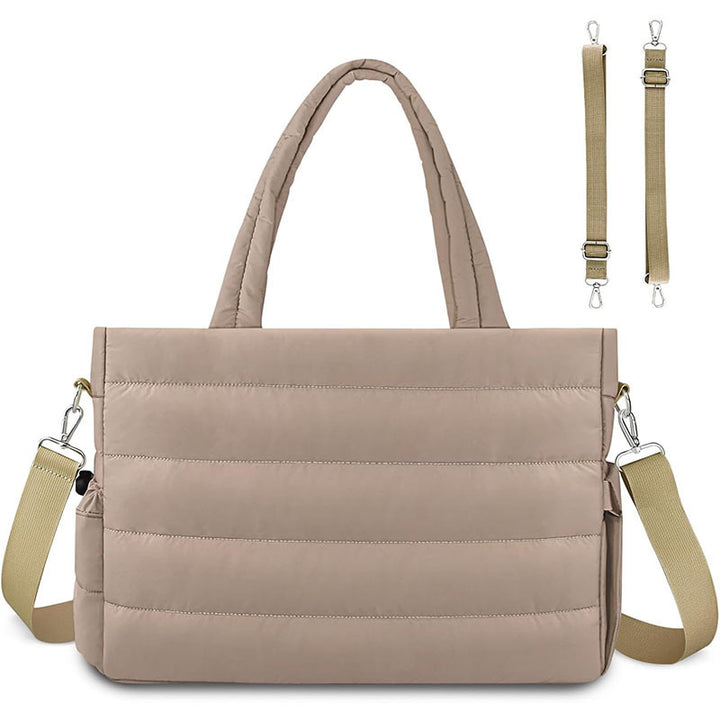 Khaki Stylish Quilted Nylon Tote Bag - Large Capacity Diaper Nappy Bag for Travel & Stroller with Adjustable Straps