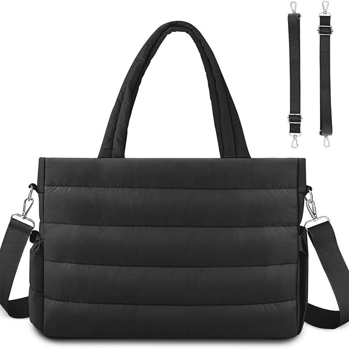 Black Stylish Quilted Nylon Tote Bag - Large Capacity Diaper Nappy Bag for Travel & Stroller with Adjustable Straps
