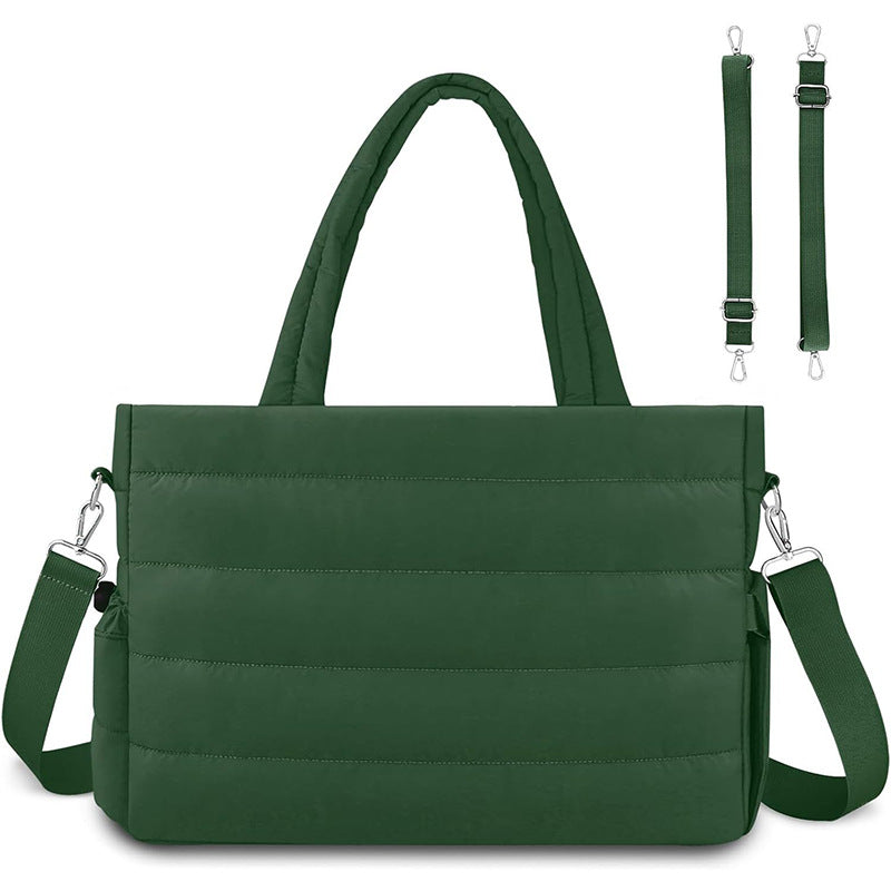 Dark Green Stylish Quilted Nylon Tote Bag - Large Capacity Diaper Nappy Bag for Travel & Stroller with Adjustable Straps