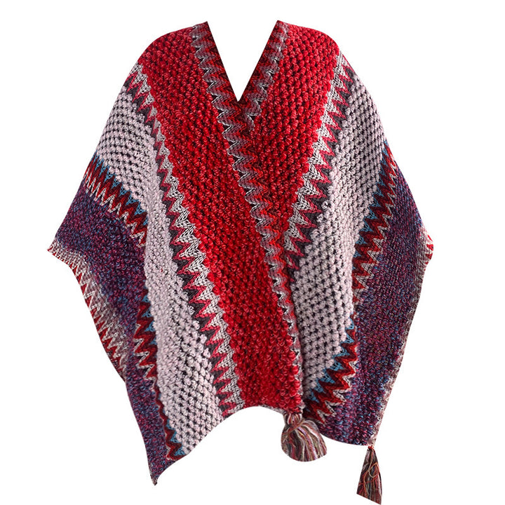 Knitted Mohair Poncho Shawl - Red