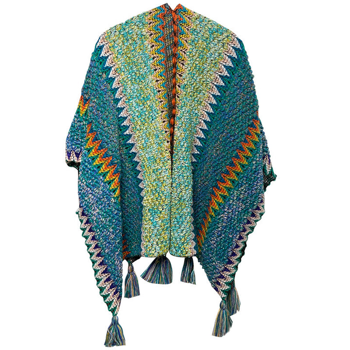 Knitted Mohair Poncho Shawl - Blue