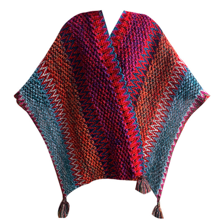 Knitted Mohair Poncho Cape - Rose Red