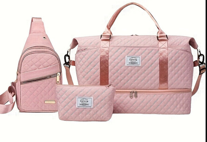 Stylish Quilted Travel Bag Set - 3 piece Set in Pink