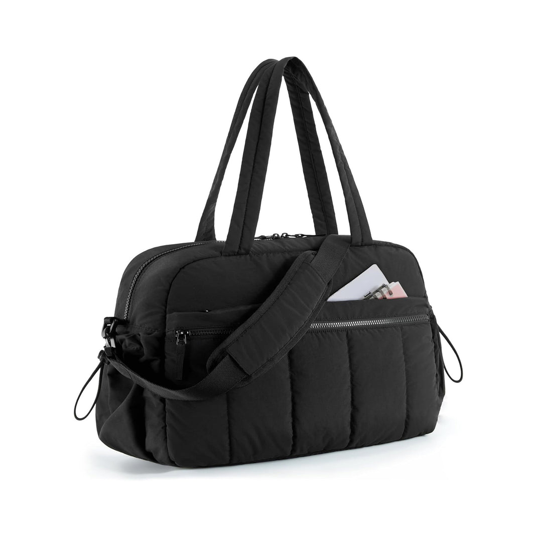 Black Large Capacity Quilted Travel Tote Bag - Waterproof Gym Duffel with Wet Pocket (42x19x30cm)